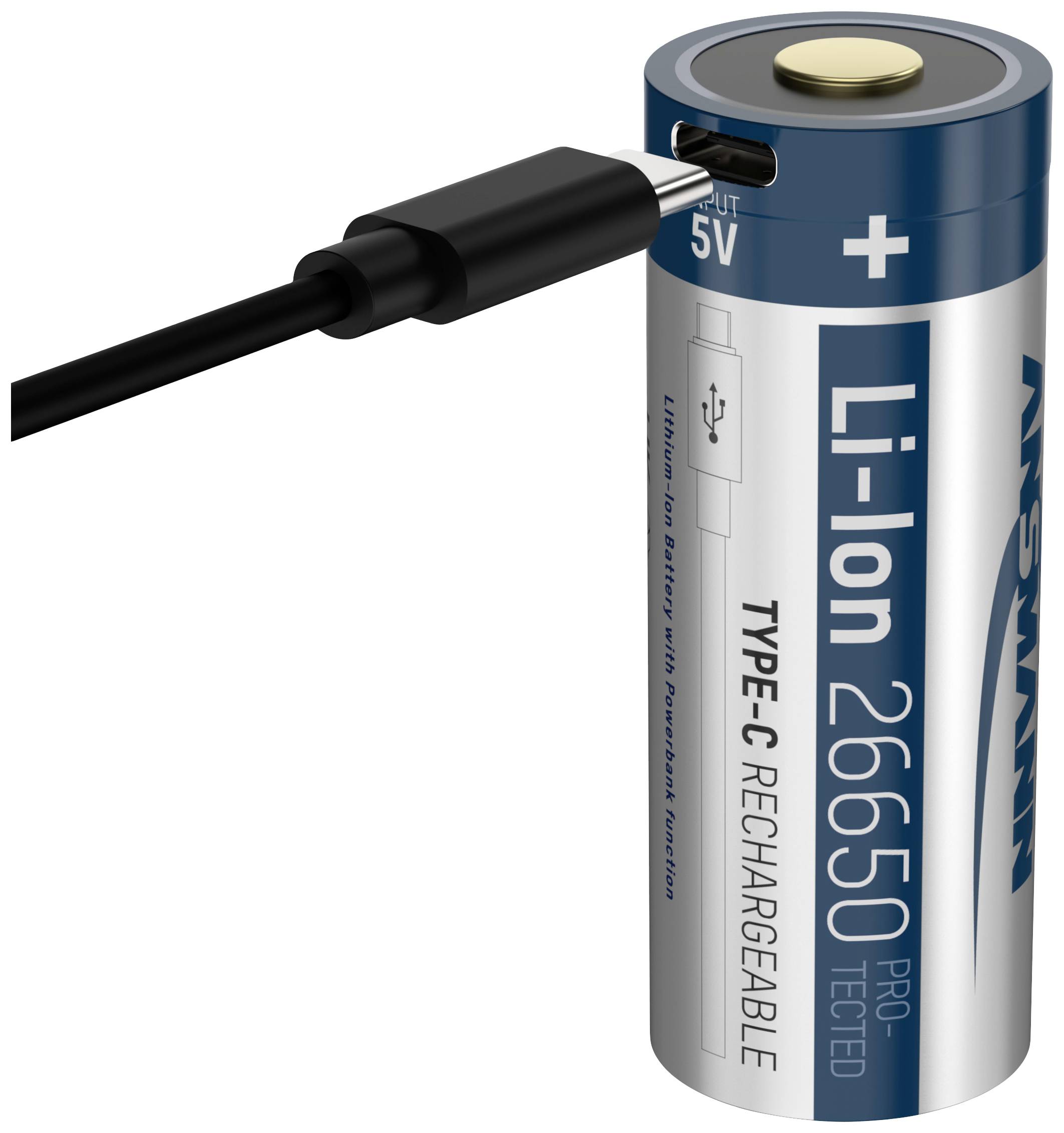 Batterie lithium-ion 26650 avec port USB-C pour la recharge, indiquant les pôles positif et négatif, étiquetée 'Rechargeable type C'.