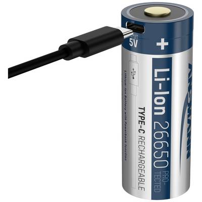 Batterie lithium-ion 26650 avec port USB-C pour la recharge, indiquant les pôles positif et négatif, étiquetée 'Rechargeable type C'.