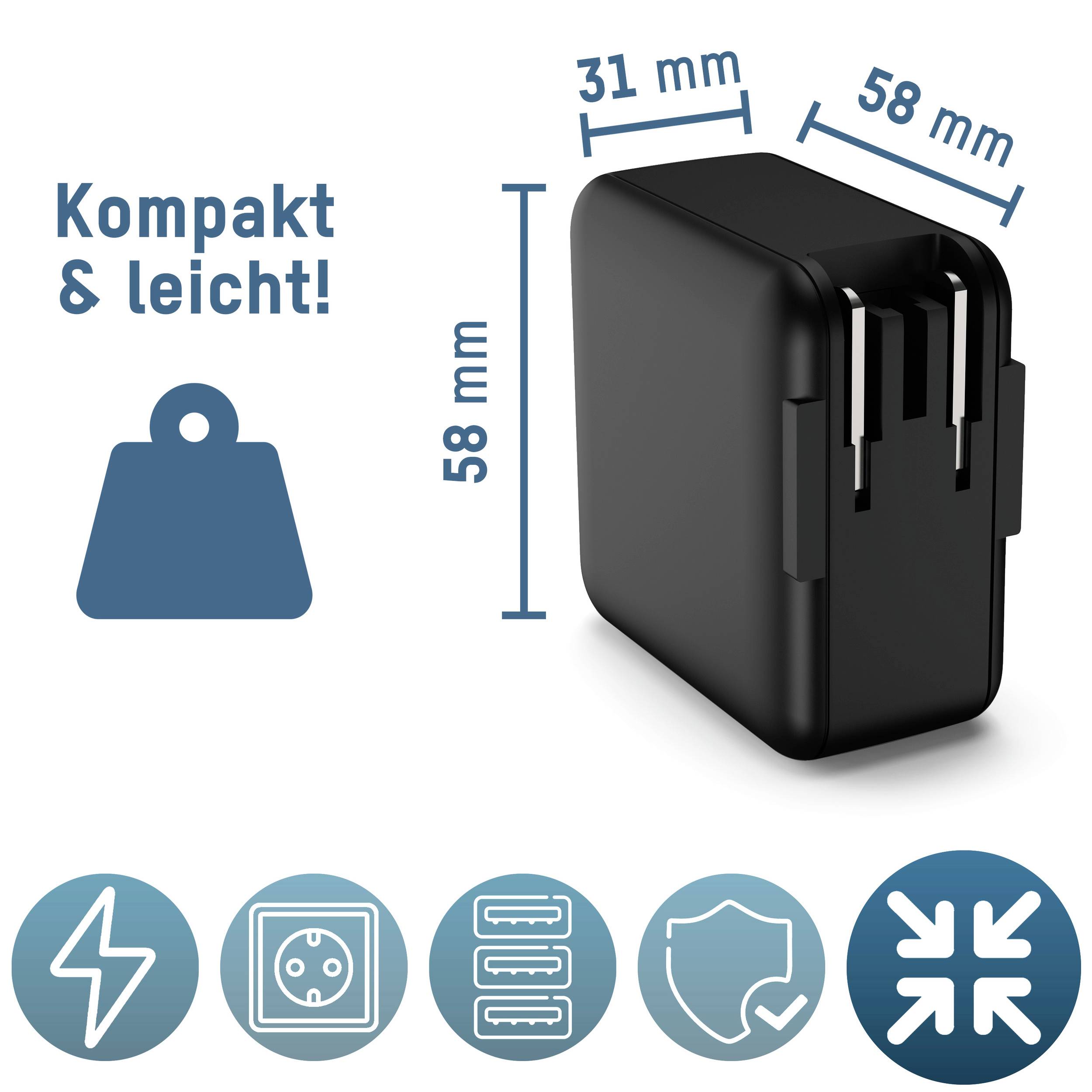Chargeur noir aux dimensions 58 mm x 31 mm. Texte : 'Compact & léger'. Symboles pour courant, prise électrique, protection et gain de place.