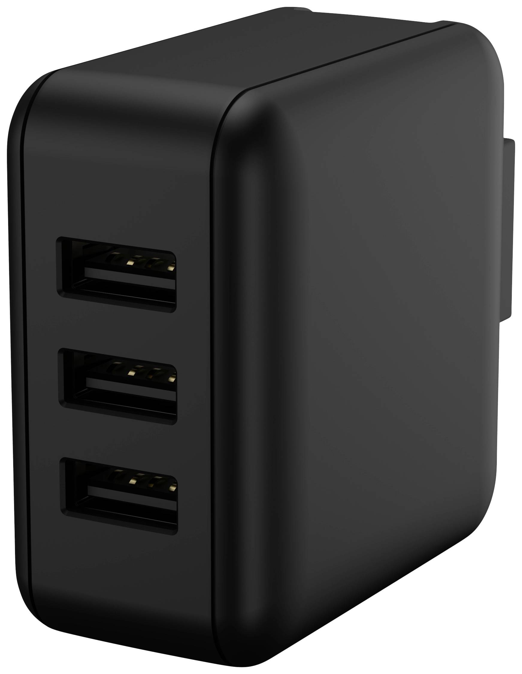 Chargeur USB noir avec trois ports USB disposés verticalement, compact et adapté pour charger simultanément plusieurs appareils.