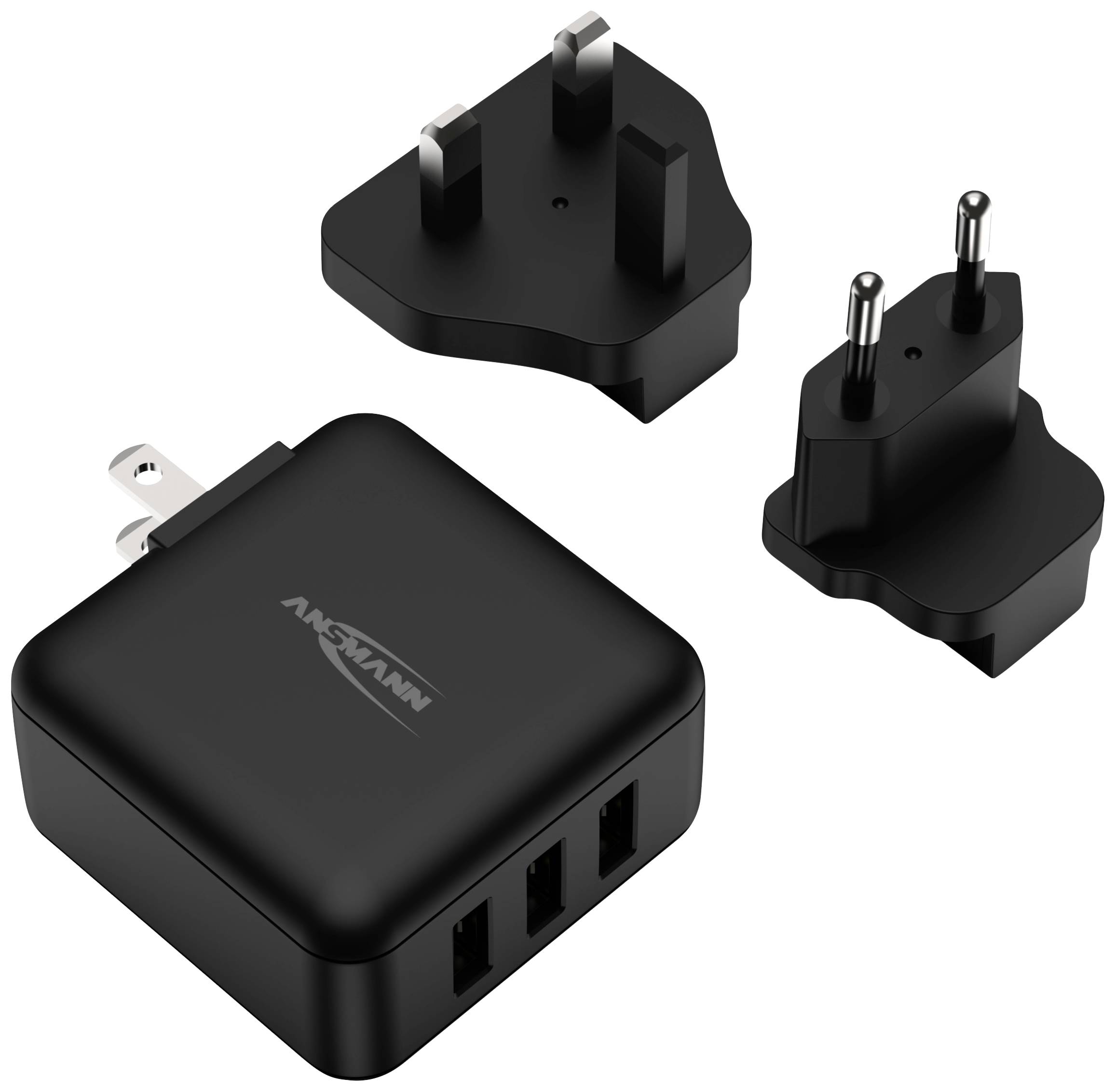 Chargeur noir avec trois ports USB et deux adaptateurs secteur interchangeables pour différentes prises électriques.