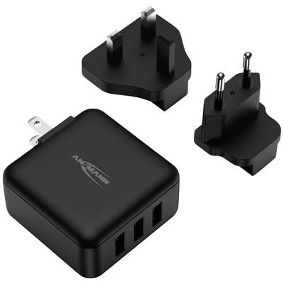Chargeur noir avec trois ports USB et deux adaptateurs secteur interchangeables pour différentes prises électriques.