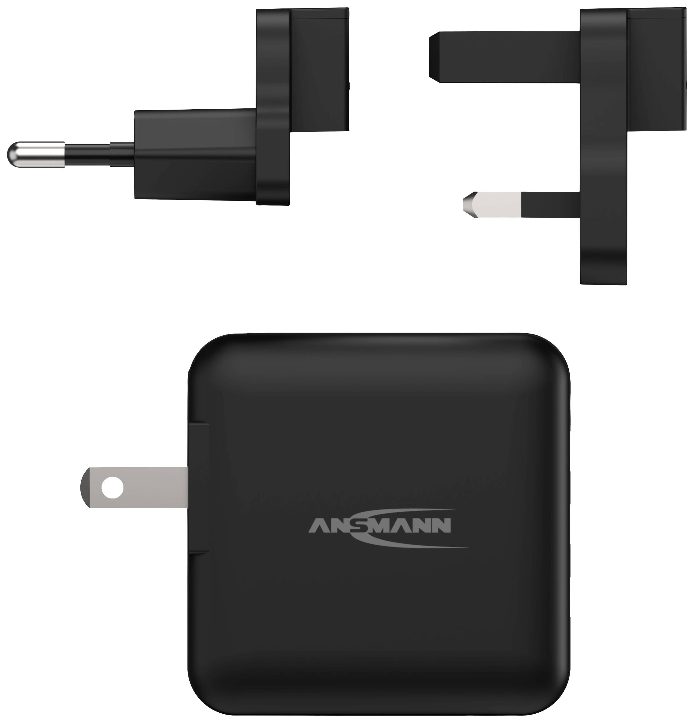 Chargeur noir avec trois fiches secteur interchangeables pour différents pays, portant la mention 'ANSMANN'.