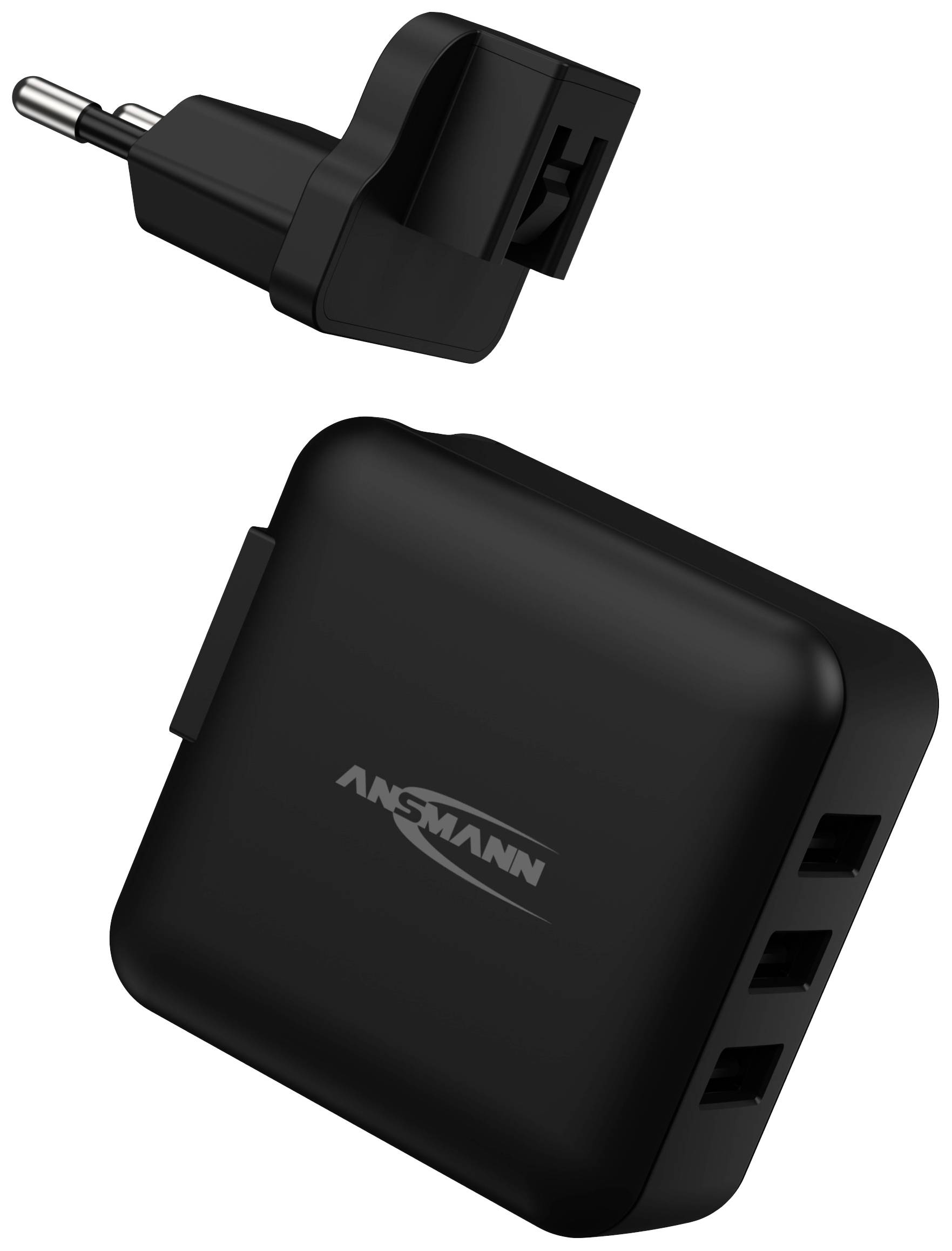 Chargeur USB noir avec trois ports USB et fiche UE amovible, adapté pour charger simultanément plusieurs appareils.
