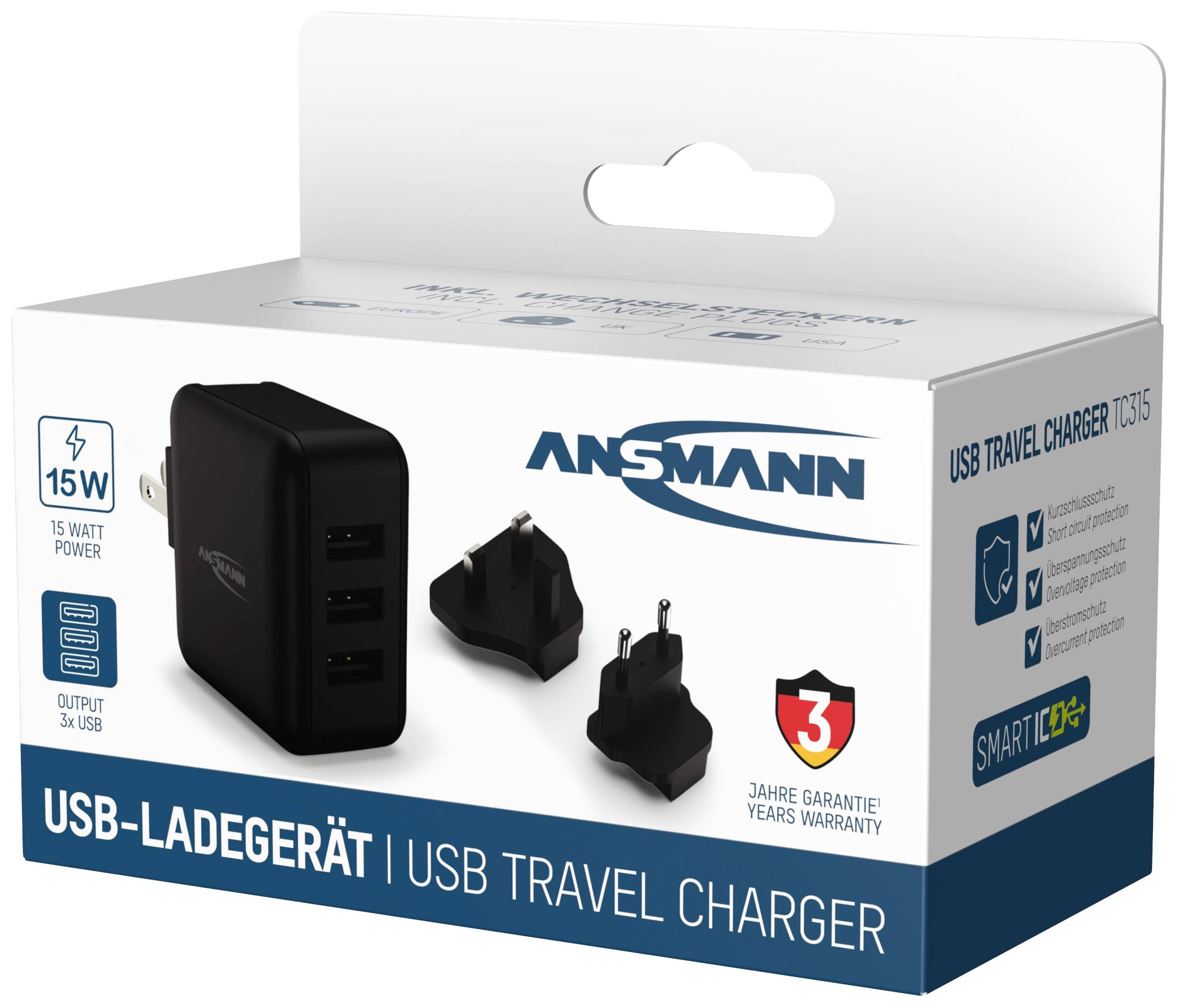 Image d'un chargeur de voyage USB avec trois ports de charge, deux fiches d'adaptateur interchangeables et l'inscription « 3 ans de garantie ».