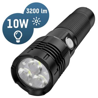 Lampe de poche noire avec trois LED, puissance de 10W et luminosité de 3200 lumens. Symbole de luminosité dans le coin.