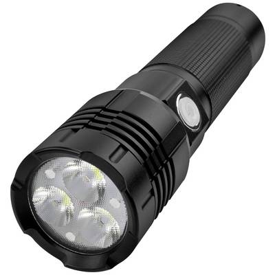 Lampe de poche noire avec trois lampes LED, commande latérale par bouton et poignée texturée.