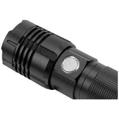 Un devant de lampe de poche noir avec une poignée cannelée et un bouton argenté, illustrant le design robuste d'un dispositif d'éclairage portable.