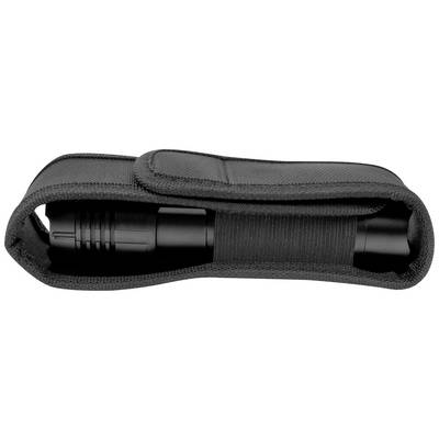 Une lampe de poche noire dans un étui noir assorti, qui enveloppe et protège la lampe de poche.