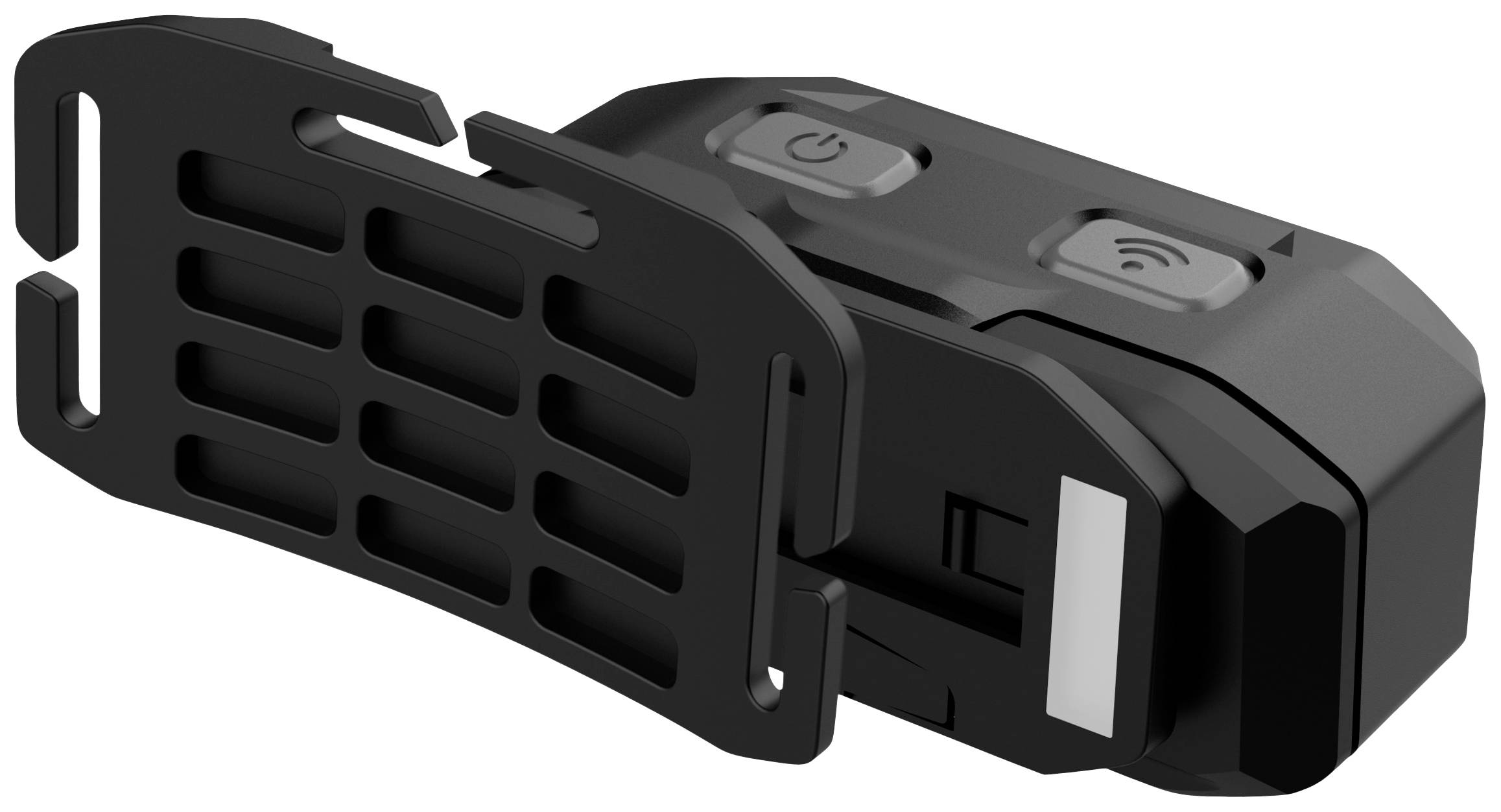 Un appareil électronique noir et rectangulaire doté de deux boutons sur le dessus. Il possède une grille amovible et sert à établir une connexion sans fil.