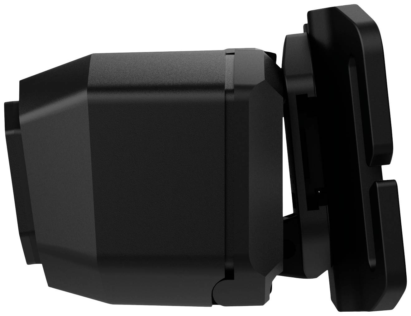 Pièce mécanique noire, vue latérale, composée de deux éléments connectés. Design compact et moderne.