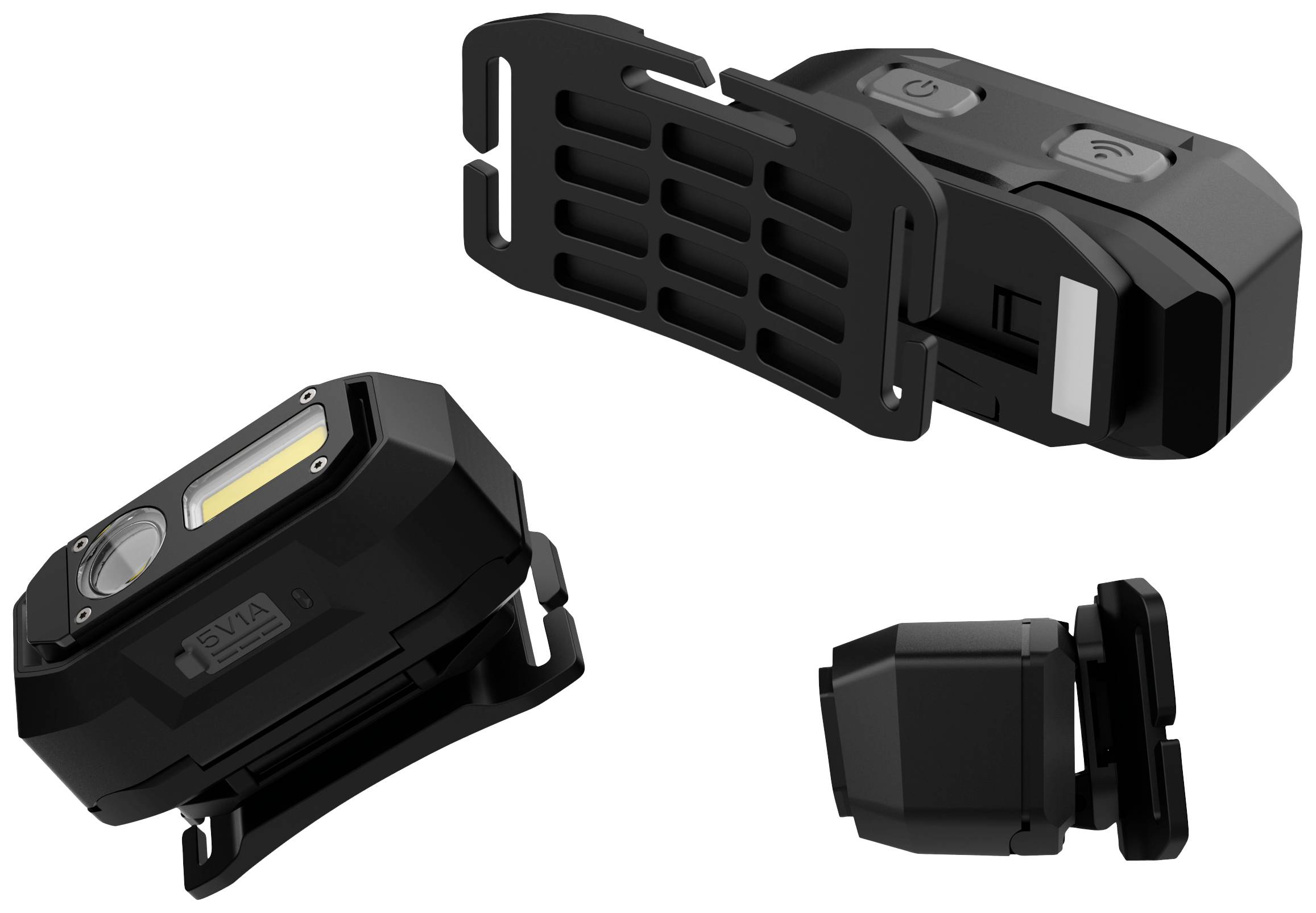 Tête de phare de vélo LED noir avec support amovible et éclairage avant long, présentée sous différents angles.