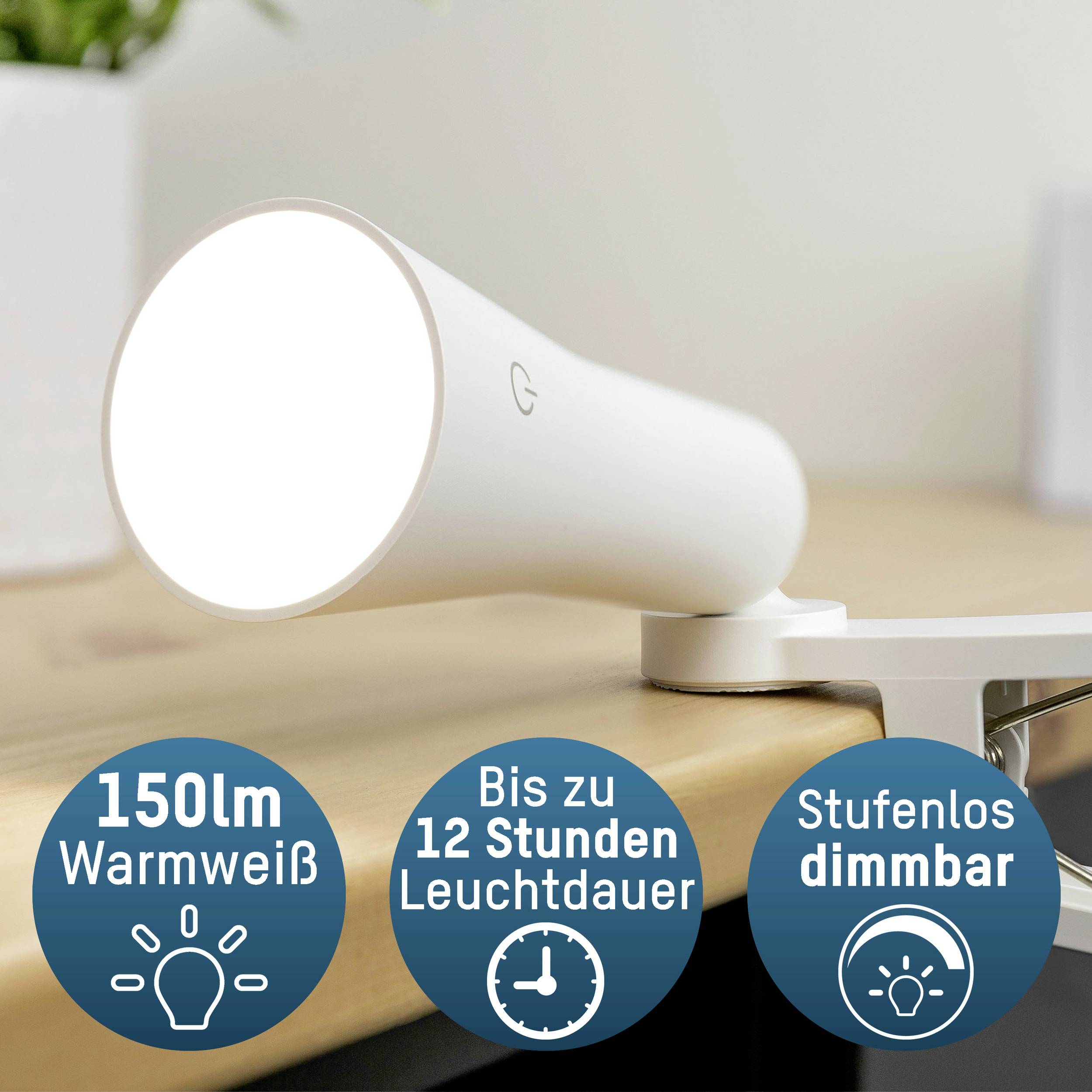 Lampe LED sur bureau. Caractéristiques en cercles : '150 lm Blanc chaud', 'Jusqu'à 40h d'autonomie', 'Variateur d'intensité progressif'