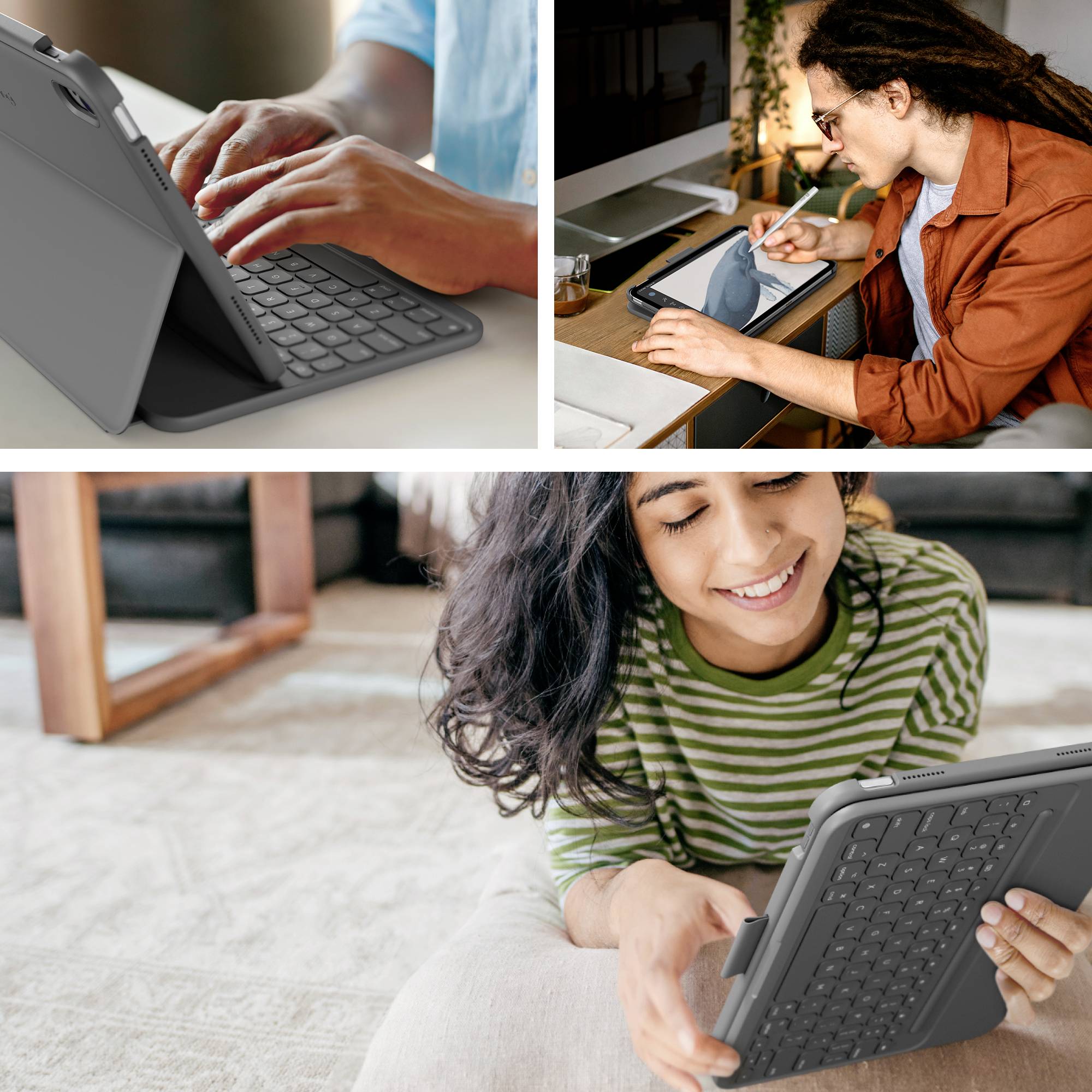 Trois personnes utilisent des tablettes avec des claviers dans différents environnements : au bureau, sur un canapé et à une table.