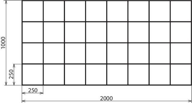 Grille rectangulaire de 4 lignes et 8 colonnes. Dimensions : 1000 x 2000 mm, taille des éléments de carrelage : 250 x 250 mm.