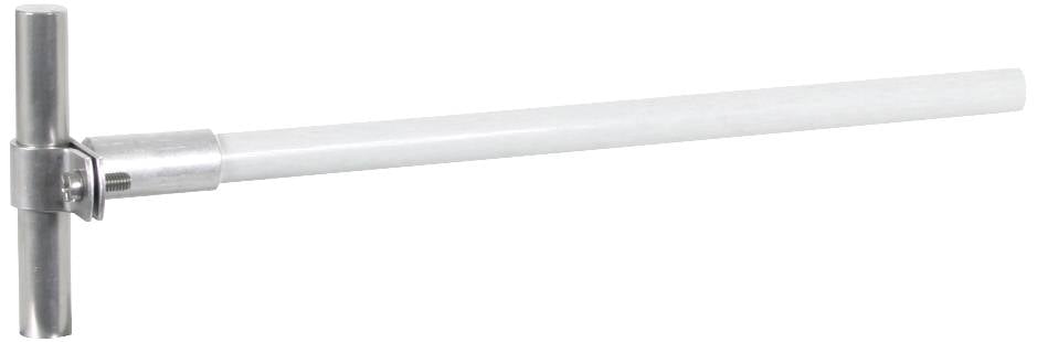 Une tige d'antenne en T métallique, disposition horizontale, avec une longue poignée blanche en plastique. Adaptée pour les signaux FM ou TV.