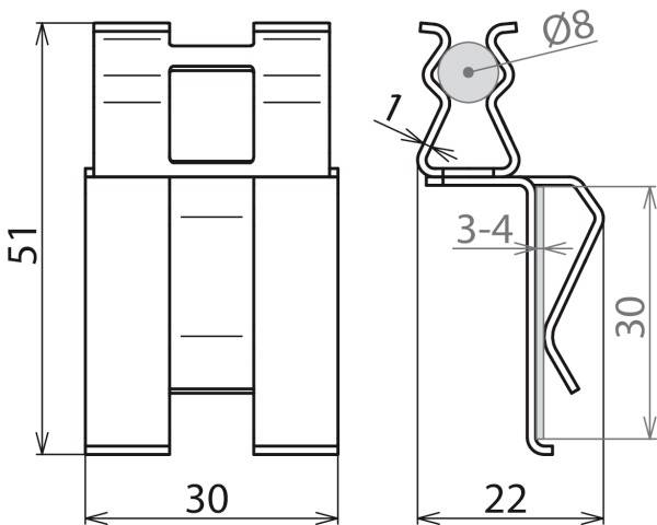 Dessin technique d'un profil, montrant les vues de face et de côté avec les dimensions : hauteur 51 mm, largeur 30 mm, profondeur 22 mm.