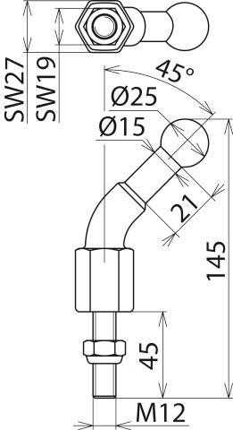Dessin technique d'une clé à angle. Dimensions : 27 mm et 19 mm (en plein, width across flats), diamètre 25 mm et 15 mm, longueur 145 mm et 45 mm, filetage M12.