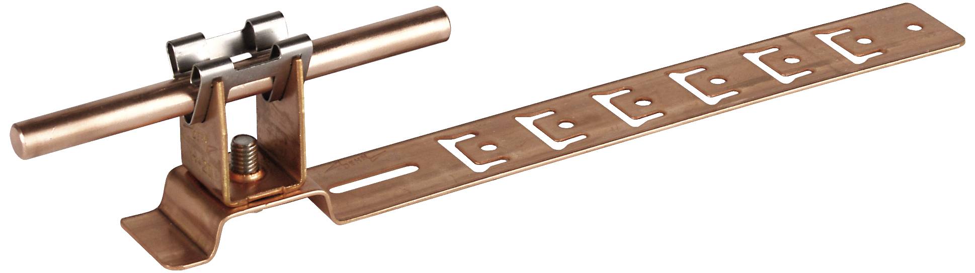 Un support de toiture en cuivre composé d'une tige, d'un support avec vis et d'une longue plaque perforée.