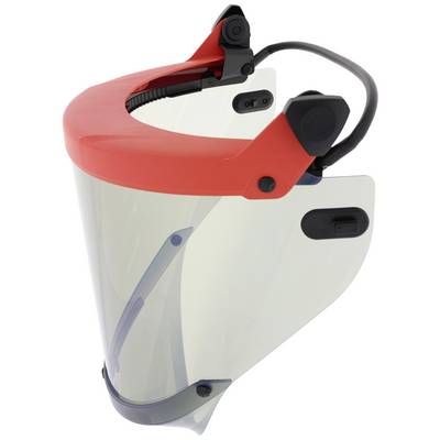 Visière de protection avec bandeau rouge et protection en plastique transparent, adaptée à la protection du visage et des yeux lors de travaux ou d'applications médicales.