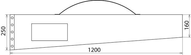 Schéma technique d'une boîte inclinée avec poignée, dimensions : 250 mm de hauteur, 1200 mm de longueur, 160 mm de largeur à une extrémité.