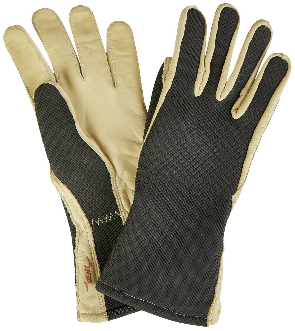 Une paire de gants de travail en cuir avec la paume beige et le dos de la main noir, posés à plat sur une surface.