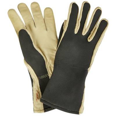 Une paire de gants de travail en cuir avec la paume beige et le dos de la main noir, posés à plat sur une surface.