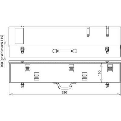 Dessin technique d'une valise rectangulaire avec dimensions : largeur 920 mm, hauteur 160 mm, profondeur 100 mm. La valise est équipée de poignées et de fermetures.