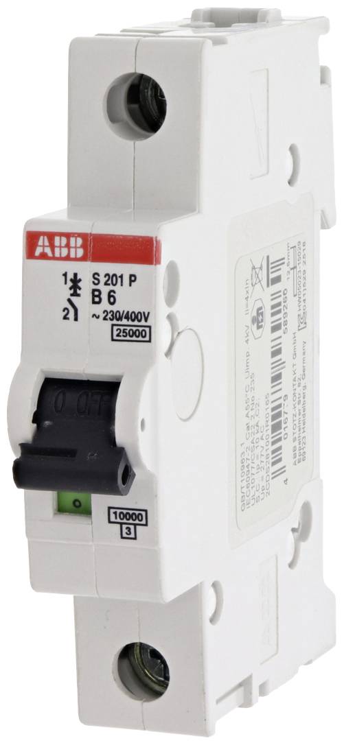 Un interrupteur de protection blanc avec un interrupteur noir et un logo rouge. Inscription : « S201 P B6 ~230/400V ». Numéro de boîtier : « 25000 ».