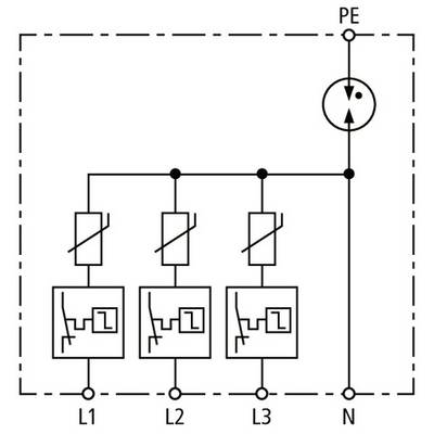 Plan de câblage : Connexion de trois phases (L1, L2, L3) via un interrupteur vers un conducteur neutre (N) et un conducteur de protection (PE). Les symboles indiquent le flux de courant.