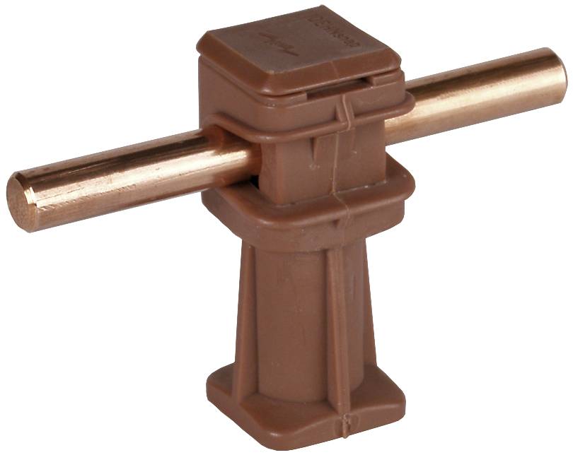 Un clip en plastique marron maintient horizontalement une tige de cuivre. Le clip possède une couverture supérieure rectangulaire et repose sur un socle large.