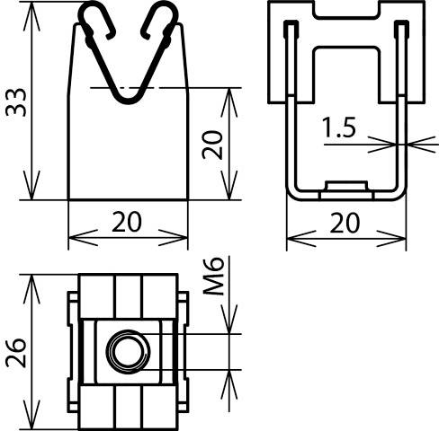 Dessin technique d'une pièce métallique avec dimensions : Hauteur 33 mm, Largeur 20 mm. Vue de face montrant un crochet ; vue latérale et vue de dessous avec unités de mesure.