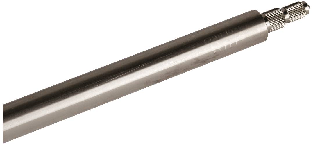 Tige métallique cylindrique argentée avec une pointe cannelée, probablement un élément d'outil.
