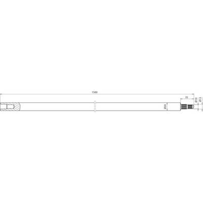 Dessin technique d'un objet cylindrique, longueur 1500 mm, diamètre 75 mm, avec des dimensions détaillées à une extrémité.