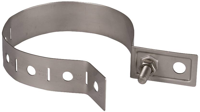 Collier de serrage en acier inoxydable avec trous et vis, destiné à la fixation ou au maintien d'objets sur une surface.