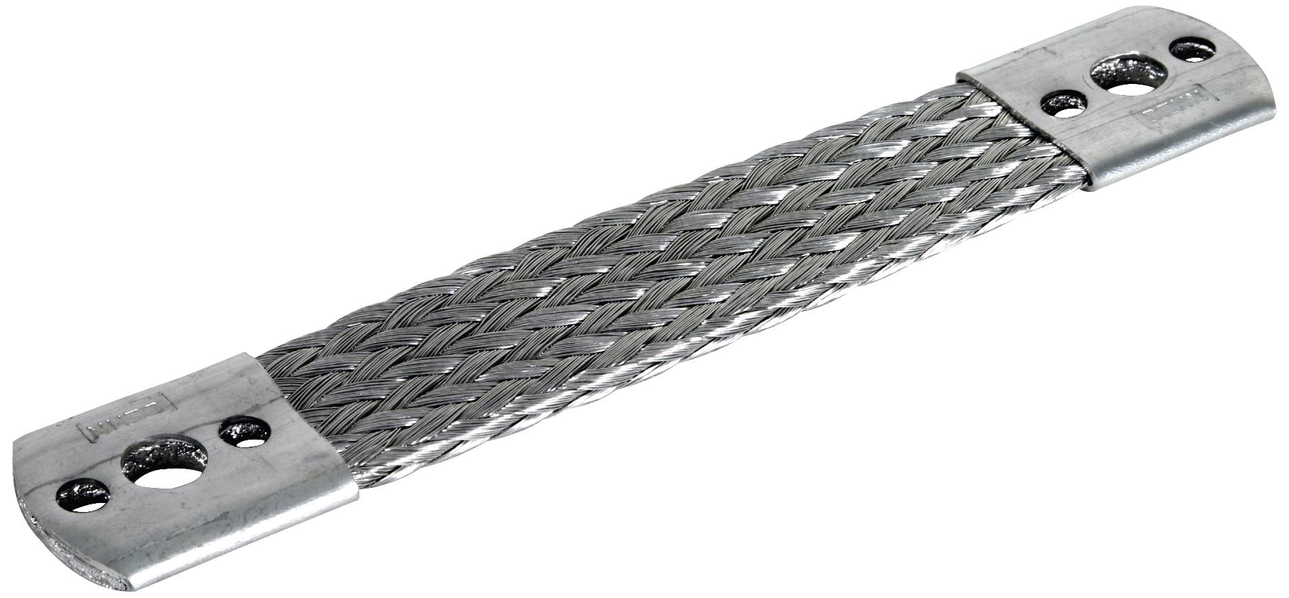 Tresse métallique tressée avec des œillets de fixation aux deux extrémités pour la connexion électrique ou la mise à la terre des appareils.