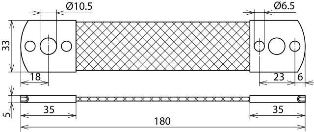 Dessin technique d'un composant avec dimensions : Longueur 180, diamètre 10,5 et 6,5. Détails tels que motif et espacements sont indiqués.