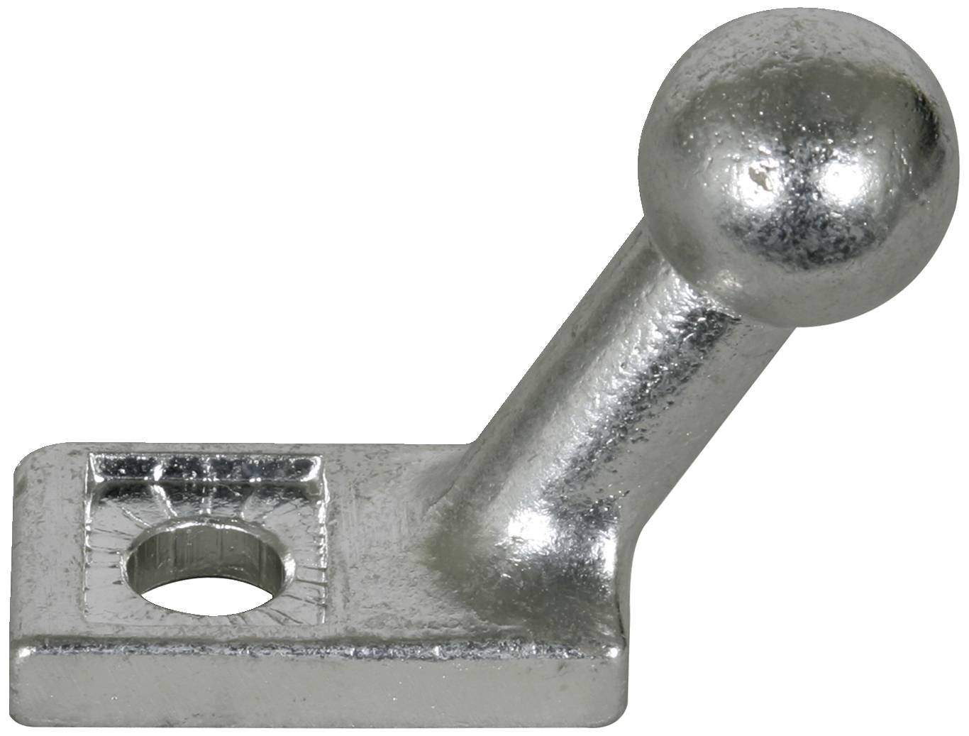 Attelage métallique avec une tête sphérique ronde et une base rectangulaire pourvue d'un trou de fixation.