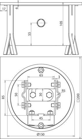 Dessin technique d'un composant cylindrique avec dimensions. En haut : Vue latérale, hauteur 105, largeur 55. En bas : Vue de dessus, diamètre 200.