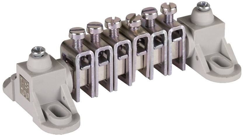 Une barrette de connexion grise avec six bornes à vis alignées, adaptée pour la fixation de câbles dans les installations électriques.