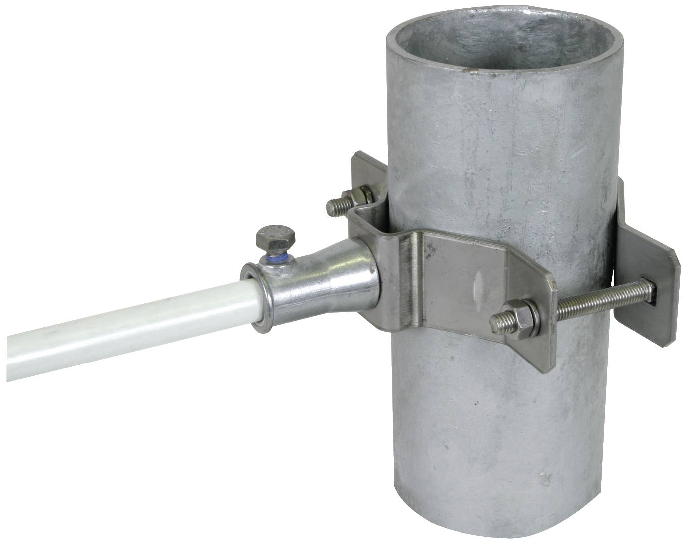 Un tube métallique équipé de deux supports et de vis, auquel est fixé un autre tube. Illustre un type de connexion stable.