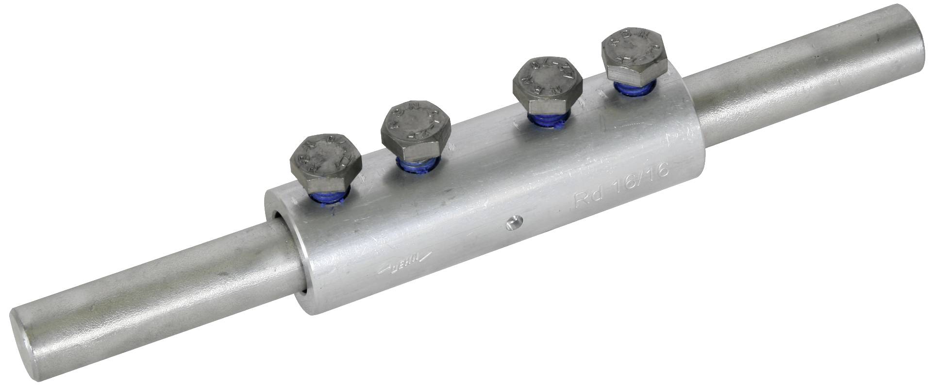 Pièce de connexion métallique avec quatre vis à tête hexagonale sur un boîtier cylindrique.
