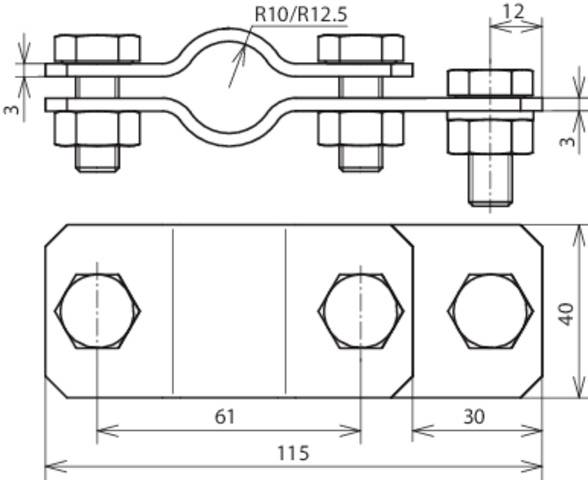 Dessin technique d'un connecteur métallique avec dimensions : longueur 115 mm, largeur 40 mm, écartements des vis 61 mm et 30 mm.