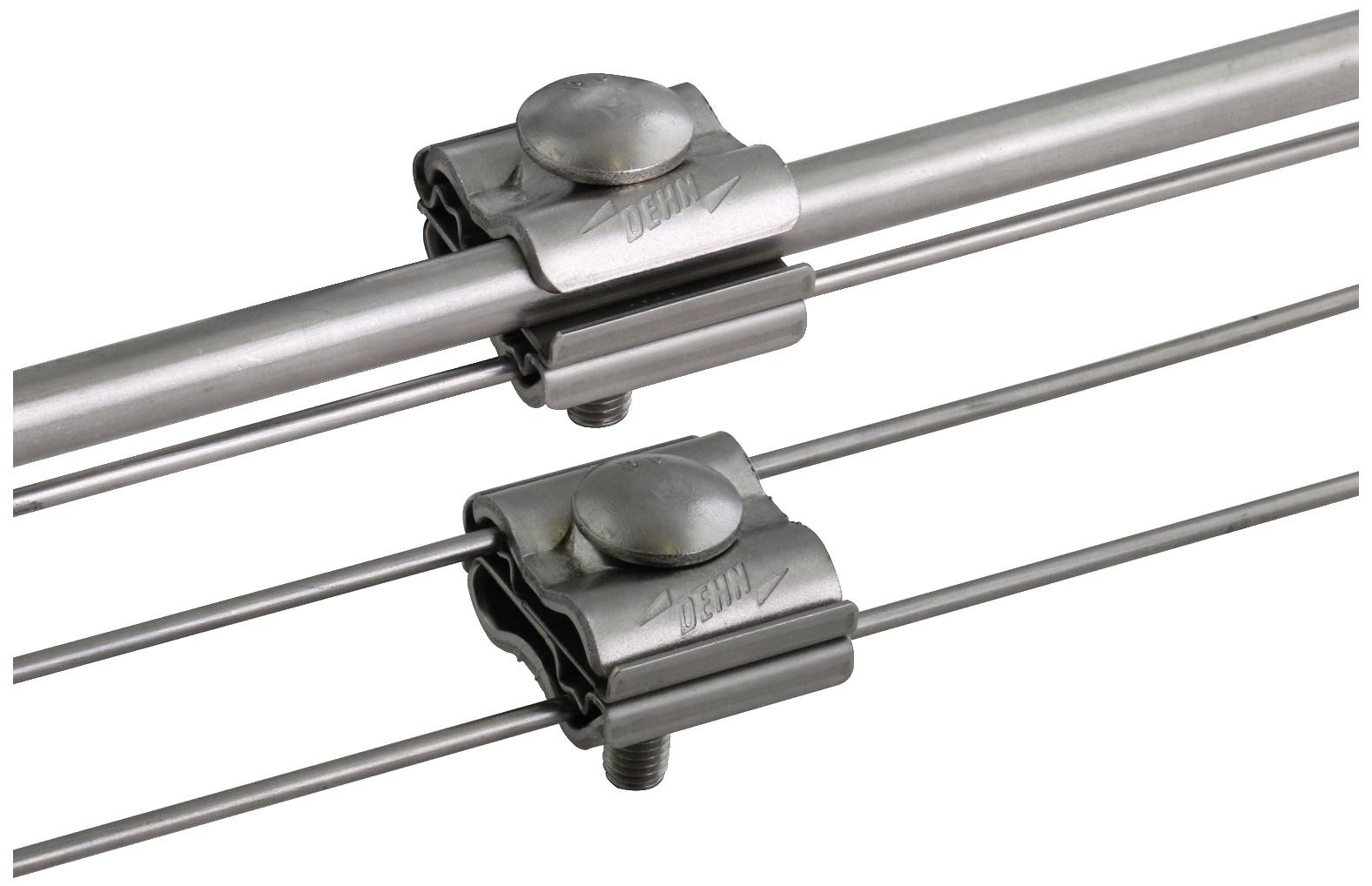 Deux tubes métalliques parallèles, reliés par des colliers de serrage munis de vis, garantissant une connexion stable.