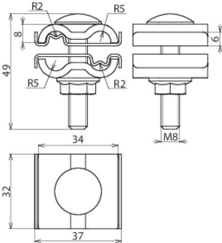 Dessin technique d'un boulon avec dimensions : Hauteur 49 mm, Largeur 34 mm sur une face et 37 mm sur une autre. Contient des détails sur les rayons et le filetage M8.
