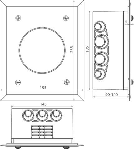 Dessin technique d'un dispositif rectangulaire avec ses dimensions. Vue de face montrant une ouverture circulaire. Vue latérale avec quatre connexions rondes enfichables. Les dimensions sont indiquées.