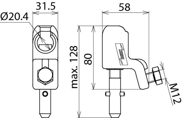 Dessin technique montrant les dimensions et la vue de face d'une pièce mécanique avec un diamètre de cylindre de 20,4 mm, une longueur de 128 mm, une largeur de 58 mm.