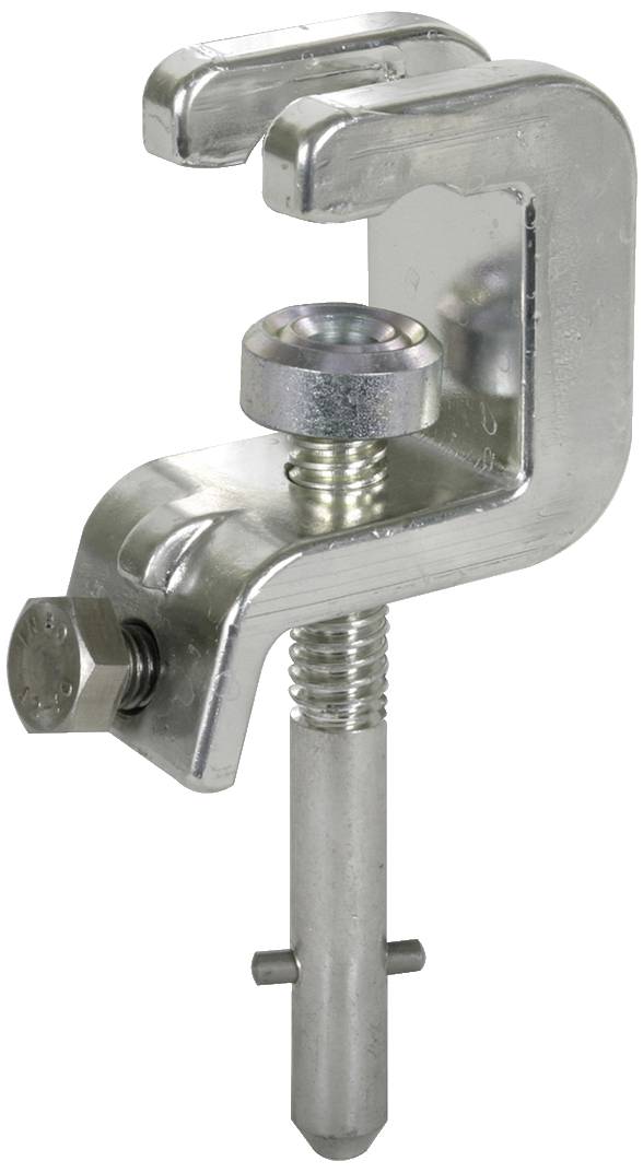 Un crochet en C en argent pour serre-joint, avec boulon fileté et écrou, utilisé pour fixer des objets sur des barres ou des structures.
