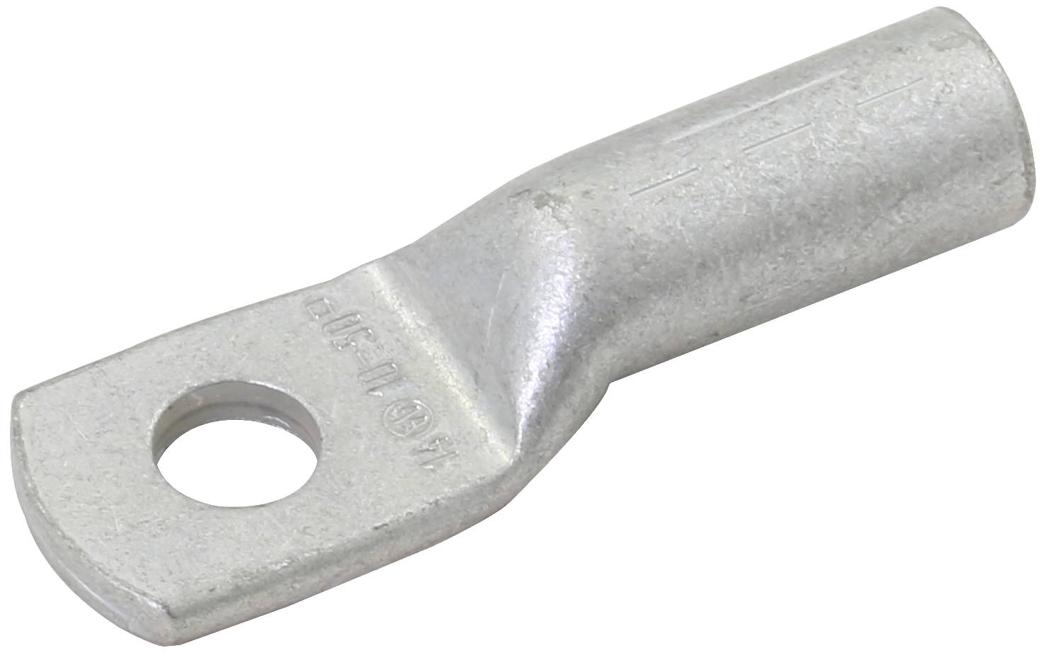 Un cosse de câble en métal argenté avec un trou pour se connecter à des appareils électriques ou des câbles.