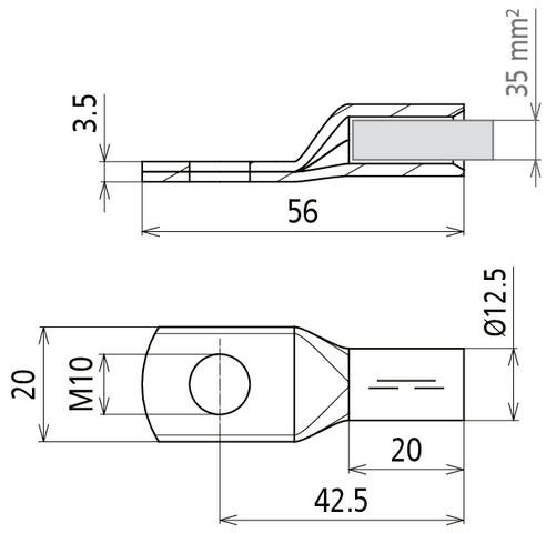Dessin technique d'une douille à fiches plates avec dimensions : longueur 56 mm, largeur 20 mm, épaisseur 3,5 mm, perçage M10, diamètre de câble Ø12,5 mm.